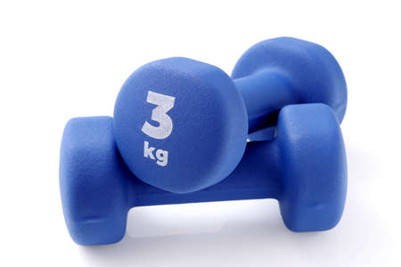 Two pairs of blue fitness dumbbells on a white background, Concept healthy lifestyle, sport and diet. Sport equipment.の写真素材