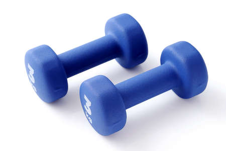 Two pairs of blue fitness dumbbells on a white background, Concept healthy lifestyle, sport and diet. Sport equipment.の写真素材