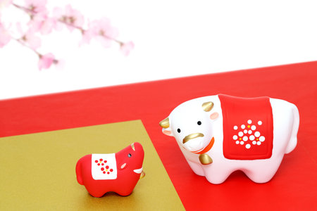 Dolls of Usi Cow. Japanese new year card. Japanese new year cow objectの写真素材