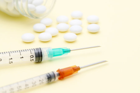 medicine diagnosis and prescription, syringe, drug, close-upの写真素材