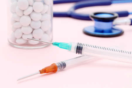medicine diagnosis and prescription, syringe, stethoscope, drugの写真素材