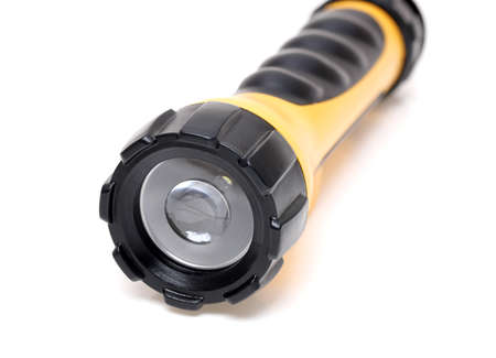 Electric led pocket flashlight isolated on white backgroundの写真素材