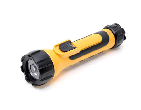 Electric led pocket flashlight isolated on white backgroundの写真素材