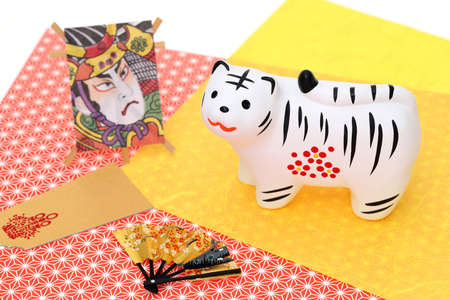 Dolls of Tora Tiger. Japanese new year card. Japanese new year tiger objectの写真素材