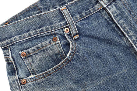 Jeans pants front with pockets and zipper, isolated on white backgroundの写真素材