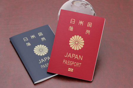 Japanese passport with glass globe on red leather background