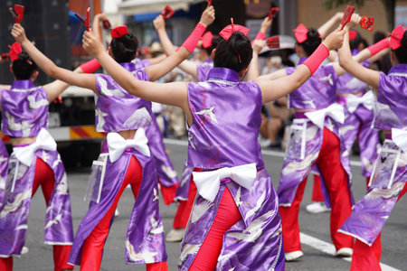 KAGAWA, JAPAN - JULY 15 2023: Japanese performers dancing in the famous Yosakoi Festival. Yosakoi is a unique style of Japanese dance event.のeditorial素材
