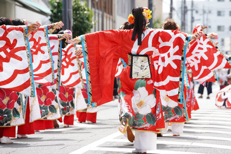 KAGAWA, JAPAN - JULY 15 2023: Japanese performers dancing in the famous Yosakoi Festival. Yosakoi is a unique style of Japanese dance event.のeditorial素材