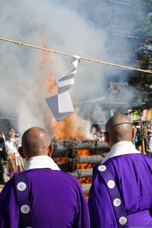 Kagawa, Japan - November 23th 2023: Sacred bonfires during Japanese, called Gomataki. Religious...