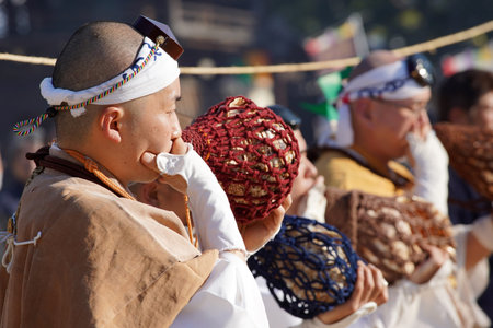 Kagawa, Japan - November 23th 2023: Sacred bonfires during Japanese, called Gomataki. Religious...