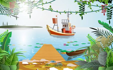fishing boat in the riverのイラスト素材