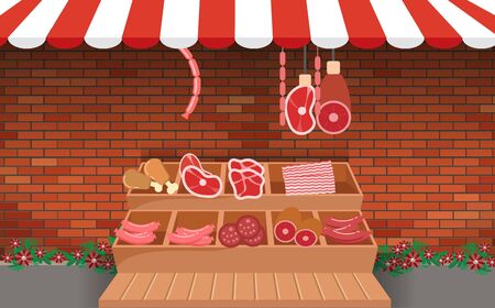 outdoor meat market with brick wall backgroundのイラスト素材