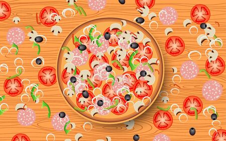 pizza and ingredients on the wooden tableのイラスト素材