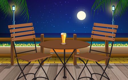 table and chair in cafe on the beach in the nightのイラスト素材