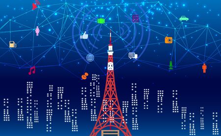 Telephone signal pole with media icon in the city in the nightのイラスト素材
