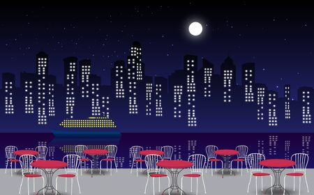 outdoor restaurant at the riverside in the nightのイラスト素材