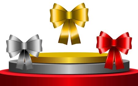 red ribbon,silver ribbon and gold ribbon on the podiumのイラスト素材