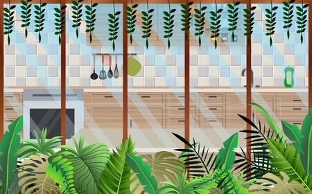 trees at windows of kitchen roomのイラスト素材