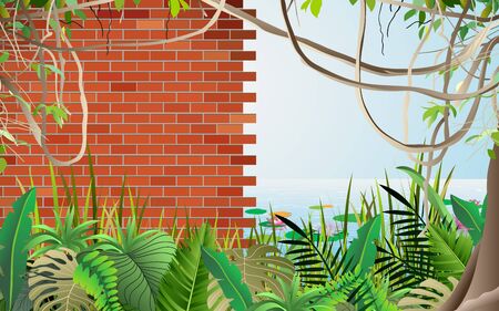 landscape of brick wall of the ancient city in the jungleのイラスト素材