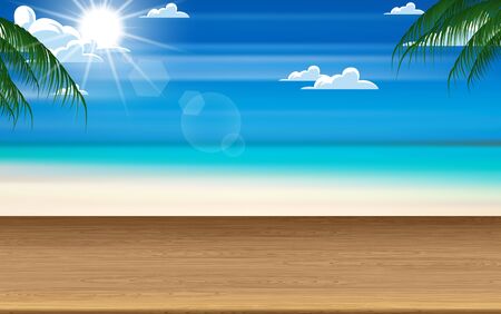 wooden table with sunlight on blue sky at the beachのイラスト素材