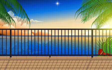 landscape of balcony at the beach in sunsetのイラスト素材