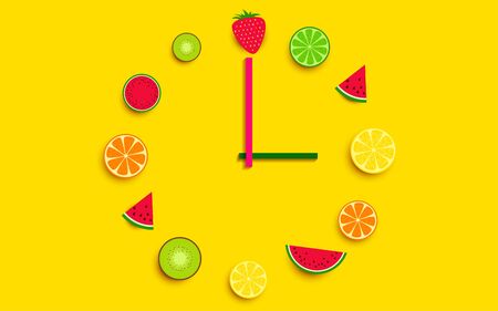 The clock is decorated with mixed fruits on the yellow backgroundのイラスト素材