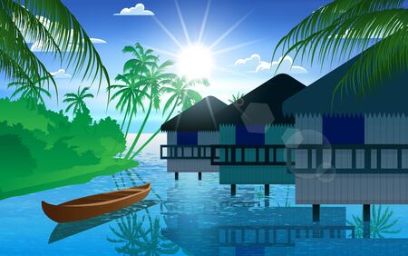 landscape of bungalow at the beach on the islandのイラスト素材