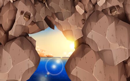 landscape of rock cave in the ocean in morningのイラスト素材