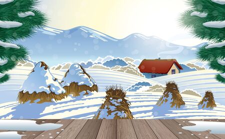 wooden floor with snow backgroundのイラスト素材