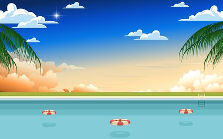 landscape of swimming pool at the beach in sunsetのイラスト素材