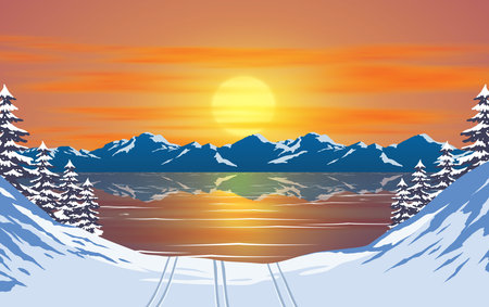 landscape of lagoon at the snow mountain in the morningのイラスト素材