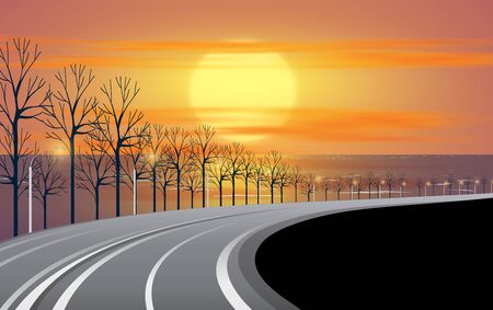 landscape of road on the beach in sunsetのイラスト素材