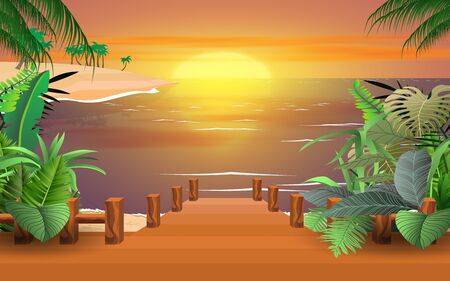 landscape of wooden bridge on the beach in sunsetのイラスト素材