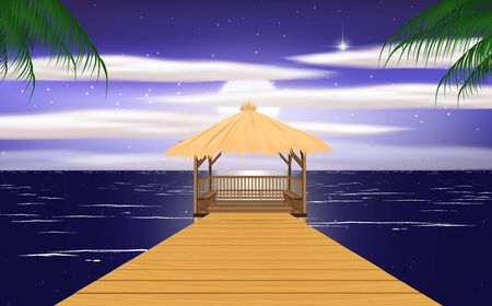 view of wooden pavilion on the beach in the nightのイラスト素材