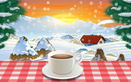 coffee cup on the table in snowday in morningのイラスト素材
