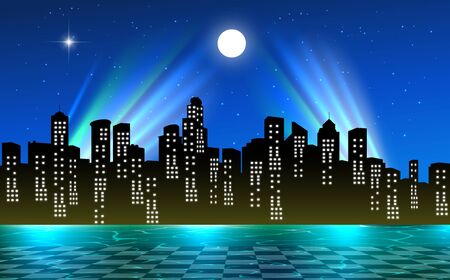 view of outdoor swimming pool on the high buiding in nightのイラスト素材