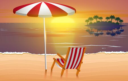 chair and umbrella on the beach in sunsetのイラスト素材