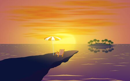landscape of cliff on the beach in sunsetのイラスト素材