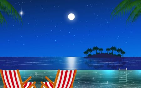 view of outdoor swimming pool on the beach in nightのイラスト素材