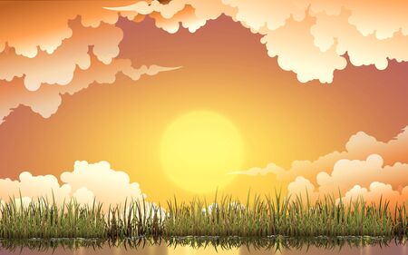 landscape of clouds on the sky in sunset at the swampのイラスト素材