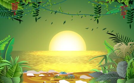landscape of sunset at the river in jungleのイラスト素材
