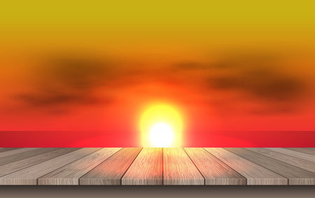 wooden table on the beach in morningのイラスト素材