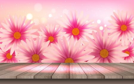 wooden floor with pink daisy flowers backgroundのイラスト素材