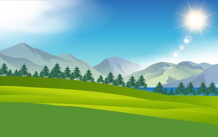 landscape of meadow at lagoon with mountain backgroundのイラスト素材