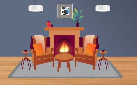 chairs and wooden table with fireplace in the living roomのイラスト素材