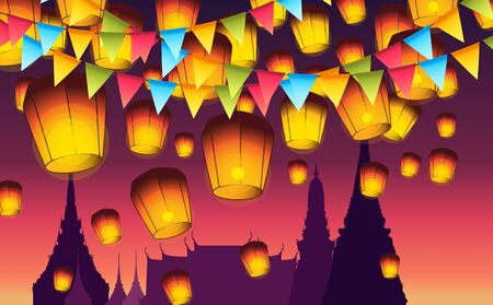 sky lantern floating at temple in thailandのイラスト素材