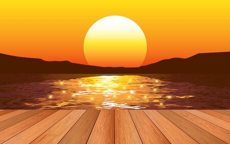 wooden floor at the river in the morningのイラスト素材
