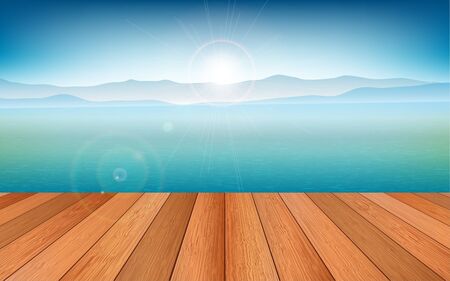 wooden floor at riverside in the morningのイラスト素材