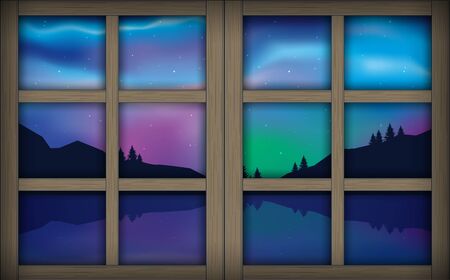 view of colorful northern lights at the windows in the nightのイラスト素材