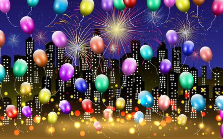 Fireworks and balloons for celebrations with city backgroundのイラスト素材